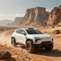 a futuristic offroad suv designed by apple driving through socotra island, artgerm and greg rutkowski and alphonse mucha, an epic fantasy, volumetric light, detailed, establishing shot, an epic fantasy, trending on art station, octane render, midsommar