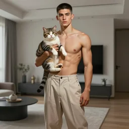 full body portrait of a single beautiful young fit man, modern haircut, open shirt, large pants, holding a detailed photorealistic cat on a arm. by greg rutkowski and alphonse mucha, d & d character, in front of a modern room background, highly detailed portrait, digital painting, artstation, concept art, smooth, sharp focus illustration, artstation hq