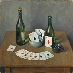 a painting by ben nicholson in the style of ivon hitchens, table still life with cards against humanity.