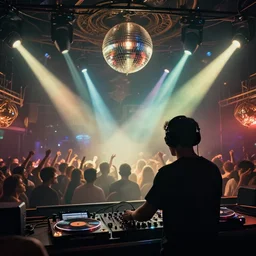 beautiful digital art of a dj on stage spinning records with headphones looking over crowd dancing at a club by moebius, silhouette, volumetric lighting, haze, moving heads light beams, spot lights, disco ball, trending on artstation, 4k, unreal engine, intricate, ornate