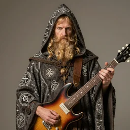 hyper realistic, detailed, early 1 7 0 0's photograph of a blonde bearded wizard, wearing hooded garment covered in magical sigils, holding an electric guitar, award winning, trending on artstation