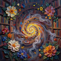 oil paint impasto relief of chromatic library, spiral, unreal engine, global illumination, flowers, smoke, mysterious, comfort