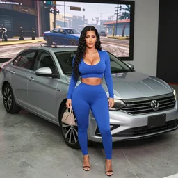 Kim kardashian big bust wearing a blue crop top with big cleavage, full body shot, mk6 silver vw Jetta nearby, Realistic, 4k Resolution, 8k Resolution, Detailed, Very Detailed, Highly Detailed, HD Quality, gta v load screen, Trending on Artstation