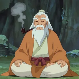 meditating figure of an old man with a beard and white hair, hair coming out from a smoking pipe as smoke, avatar aang animation style