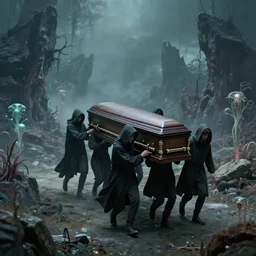 by dustin nguyen dynamic, improvisational. a installation art of a coffin being carried by six men through an ethereal, otherworldly landscape. the men are all wearing hooded cloaks. the landscape is eerie & foreboding, with jagged rocks & eerie, glowing plants.