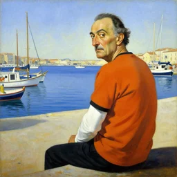 painting by salvador dali of a senior caucasian man wearing an orange and black tshirt with white sleaves, sitting on a deck with his back turned near the harbor, boats and water. it i a beautiful summer day