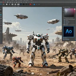 a battlefield filled with mechs and futuritsic airships PROMPT, XF IQ4, 150MP, 50mm, f/1.4, ISO 200, 1/160s, natural light, Adobe Photoshop, Adobe Lightroom, DxO Photolab, Corel PaintShop Pro, rule of thirds, symmetrical balance, depth layering, polarizing filter, Sense of Depth, AI enhanced