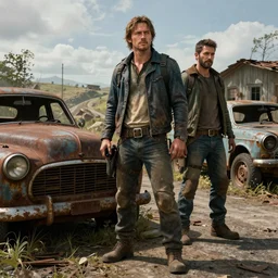 fallout 5, charismatic simon pegg with winchester, portrait, outdoors dilapidated counrty roads, rusty retro futuristic vintage vehicles, atmospheric lighting, painted, intricate, volumetric lighting, beautiful, daytime, sunny, slight overcast weather, sharp focus, deep colours, ultra detailed, by leesha hannigan, ross tran, thierry doizon, kai carpenter, ignacio fernandez rios