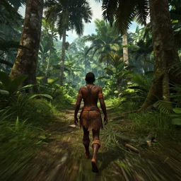 First-Person VR gameplay POV screenshot. Walking through Papua New Gunea. Trending on Artstation. Lighting, colors, and shading by James Gurney.
