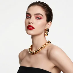 fashion photography of a beautiful female with red makeup and gold jewelry, white background, 8 5 mm lens, alexander mcqueen dress,