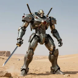 rengoku tower of purgatory, combat android, katana arms, sword arms, world war 2, skeletal face, military prototype, photography, desert, science fiction