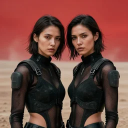 cinestill 5 0 d photographic portrait of two loving female androids wearing rugged black mesh cutout waist techwear on a desolate plain with a red sky, extreme closeup, modern cyberpunk, dust storm, 8 k, hd, high resolution, 3 5 mm, f / 3 2, ultra realistic faces, ex machina, blade runner