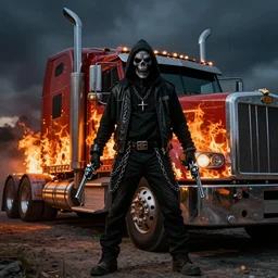 photo of : the grim - reaper is a tough badass trucker with chains and revolvers, posing with his flaming semi - truck.