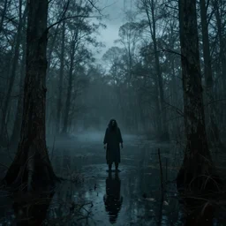 an ominous curse taking over a swamp, dusk, very unsettling, scary, spooky photo, key visual