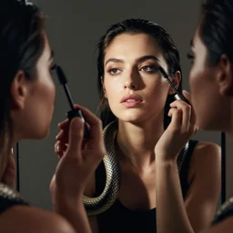 snake applying mascara in the mirror