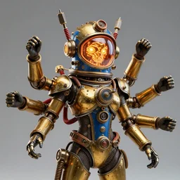 awardwinning portrait photo of a steampunk avatar with 8 arms, wearing a glowing golden and blue metallic steampunk astronaut helmet with red tubes and shiny metallic devices, 3 d render, crisp, 8 k, fluorescent colors, insanely integrate, nikon photography
