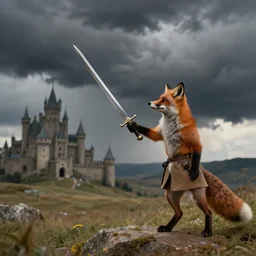 anthropomorphic fox!!!! who is a medieval knight holding a swo - rd towards a stormy thundercloud [ 1 9 3 0 s film still ], ( fantasy castle in the background )