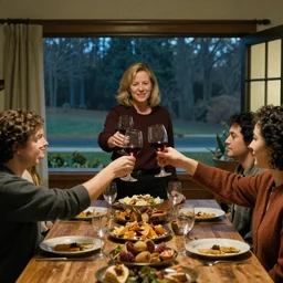 a conservative family toasting glasses of wine at Thanksgiving Dinner, picture in the style of Edward Hopper