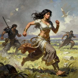 A very beautiful pakistani woman, running into the fields by Frank Frazetta, Greg Rutkowski, Boris Vallejo, epic fantasy character art, Exquisite detail, post-processing, low angle, masterpiece, cinematic