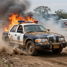 action photography, award winning photo of an ultra detailed intricate muddy vintage lincoln police cars on fire and smoke speeding very fast on mud, dirt and dust, fast shutter speed, motion blur, tiny gaussian blur, highly detailed, highly intricate, depth of field, national geographic