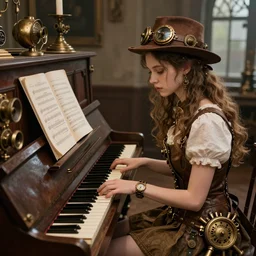 a beautiful girl playing a giant piano, steampunk, in the style of greg rutkowski, trending on artstation
