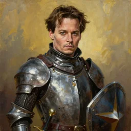 greg manchess oil matte portrait painting, johnny depp as a knight, sword and shield, wonderful masterpiece highly detailed, scifi, beautiful cinematic light deep focus, elegant, digital painting, smooth, sharp focus, golden ratio, dramatic illumination, ultra realistic, 4 k, art by greg rutkowski wlop rossdraws