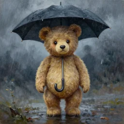 detailed oil painting of teddy bear with umbrella by marc simonette and alexander jansson, stormy weather, concept art