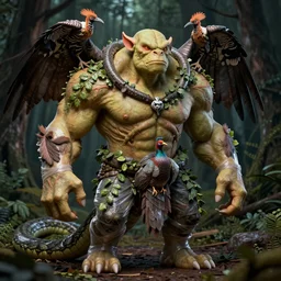 a high poly render sculpt portrait of an ork in a dark forest, muscles normal map creature made of doglike class aves skin veins merged anaconda, bump map strangled by plastic wrap bower bird creature wrinkles pheasant, ivy complex feathers exotic morphing hoopoe, zebra morphing wings king vulture head