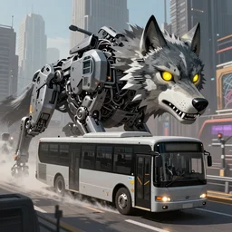 Mechanical  animal - transformer hybrid of bus and wolf, having cabin in form of wolf head with big yellow eyes turning into long mechanical body - bus with wheels and windows in grey color, going thought the megapolis, mechanical form of life, magic, dream, perfect composition, digital painting, concept art, smooth, sharp focus, illustration, artstation trending, anime style, cyberpunk, graffiti