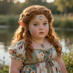 fantasy portrait of a cute dwarven woman wearing a floral dress by a pond, intricate, highly detailed face, chubby plump figure, secret of mana, by gerald brom and william - adolphe bouguereau, golden hour