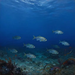 cinematic view of fish swimming underwater, desaturated, ocean bed, deep blue ocean color, some plant life, psychedelic, tim hildebrandt, wayne barlowe, bruce pennington, donato giancola, larry elmore, oil on canvas, masterpiece, trending on artstation, featured on pixiv, cinematic composition, dramatic, beautiful lighting, sharp, details, hyper - detailed, hd, hdr, 4 k, 8 k