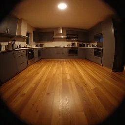 emmo dark, volumetric lighting, top light, fisheye, curved perspective, naive, extra narrow, wooden texture, kitchen, large floor, by rhads antoni gaudi goya, warm tones