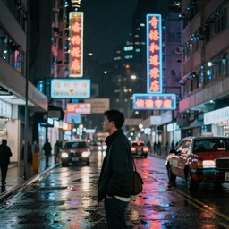 a man standing at the street of kowloon city at night, raining, neon, artstation, super realistic, highly detailed
