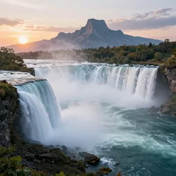 cascade of niagara falls, epic mountains, dawn, fantasy illustration, matte painting, concept art, volumetric lighting, volumetric atmosphere, vivid colors, art by james gurney, unreal engine 5, 8 k