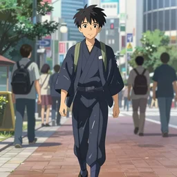 anime boy dressed in a traditional Japanese uniform walking down a Shibuya street by Makoto Shinkai