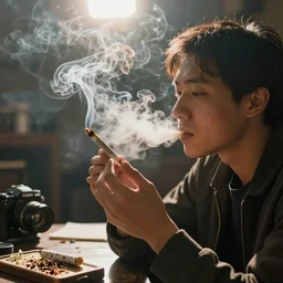 a professional photographer of an ant smoking a lit joint with sun rays shining through the smoke, dramatic lighting, canon t 6