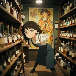 lomography, anime, portrait of a young woman in a alchemist's potion shop interior shopping, cute face by alphose mucha and yoshinari yoh, dynamic pose and perspective, dramatic lighting, intricate facial features