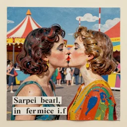 two women kissing at a carnival, mixed media collage, vintage, paper collage, magazine collage, acrylic paint splatters, bauhaus, claymation, layered paper art, sapphic visual poetry expressing the utmost of desire by jackson pollock