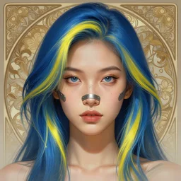 filipino girl blue - yellow hair, metal plate, nasal strip, broken nose, nose tattoo, glowing hair, intricate, elegant, highly detailed, my rendition, digital painting, artstation, concept art, smooth, sharp focus, illustration, art by artgerm and greg rutkowski and alphonse mucha and uang guangjian and gil elvgren and sachin teng, symmetry!!