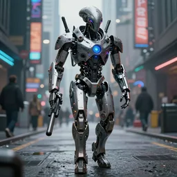chappie - synthetic alien from shattered planet - hybrid, with robotech and gundum technology and guns, futuristic, walking in cyberpunk streets, cinematography by trent opaloch, deep depth field, masterpiece, featured on vimeo, featured on pixiv, cinematic composition, hyper - detailed, sharp focus, hd, hdr, 4 k, 8 k