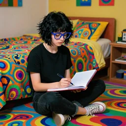 klimt style teenage black short shaggy bob haircut and big blue frame glasses girl, dressed in black, sitting  over a colorful and bright trippy victor moscoso floor . lsd colorful bedroom, diary on her hand