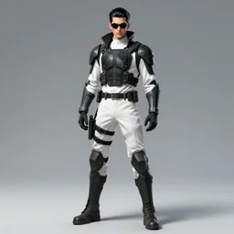full body and face character design of realistic alt art androgynous agent slick black hair, white shirt kevlar tactical bulletproof armor jacket sunglasses heroic pose artgerm greg rutkowski alphonse mucha trending