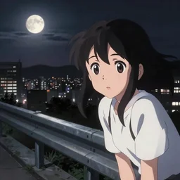 anime visual, dark portrait of a young female sightseeing above the city at night, guardrails, moon, cute face by yoshinari yoh, ilya kuvshinov, makoto shinkai, katsura masakazu, moody, dynamic perspective pose, detailed facial features, kyoani, rounded eyes, crisp and sharp, cel shade, lomography, dark tint
