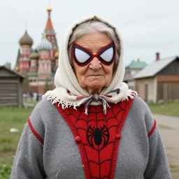 stunning photograph of ( ( granny spiderman ) ) in rural russia town, moscow, knitted suit, babushka, closeup, aperture 1. 2