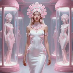 porttait of a beautiful celestial Aztec pearlescent interstellar Goddess wearing a futuristic slim dress exposed in cryo chambers by James Jean, pink and white theme, captivating, intricate, elegant, highly detailed, centered, digital painting, artstation, concept art, smooth, sharp focus, illustration, by Peter Mohrbacher, WLOP