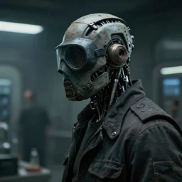 a rugged half - masked laboratory overseer man with cybernetic enhancements as seen from a distance, scifi character portrait by greg rutkowski, esuthio, craig mullins, 1 / 4 headshot, cinematic lighting, dystopian scifi gear, gloomy, profile picture, mechanical, cyborg, half robot, implants, dieselpunk