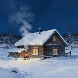snow - covered house, smoke from the stove, night, stars in the sky, winter landscape, painting by craig mullins, octane rendering, wide angle lens, in the style of hayao miyazaki, trending on artstation,