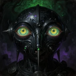 a baroque neoclassical science fiction painting of a glowing eyes inside iridescent and reflective black glowing lovecraftian technology. deep green and purple foggy black atmosphere. renaissance painting. highly detailed science fiction painting by norman rockwell, frank frazetta, and syd mead. rich colors, high contrast, gloomy atmosphere, dark background. trending on artstation