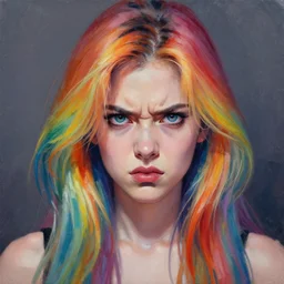 a young woman with beautiful rainbow hair. she looks very angry. beautiful painting by artgerm and greg rutkowski