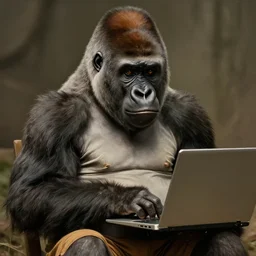 closeup portrait painting of a young gorilla of 3 0, british, wearing a t - shirt and shorts, long hair, using a laptop, handsome, confident, full unreal render cinematic lighting art 1 9 2 0 period drama by bussiere rutkowski andreas rocha